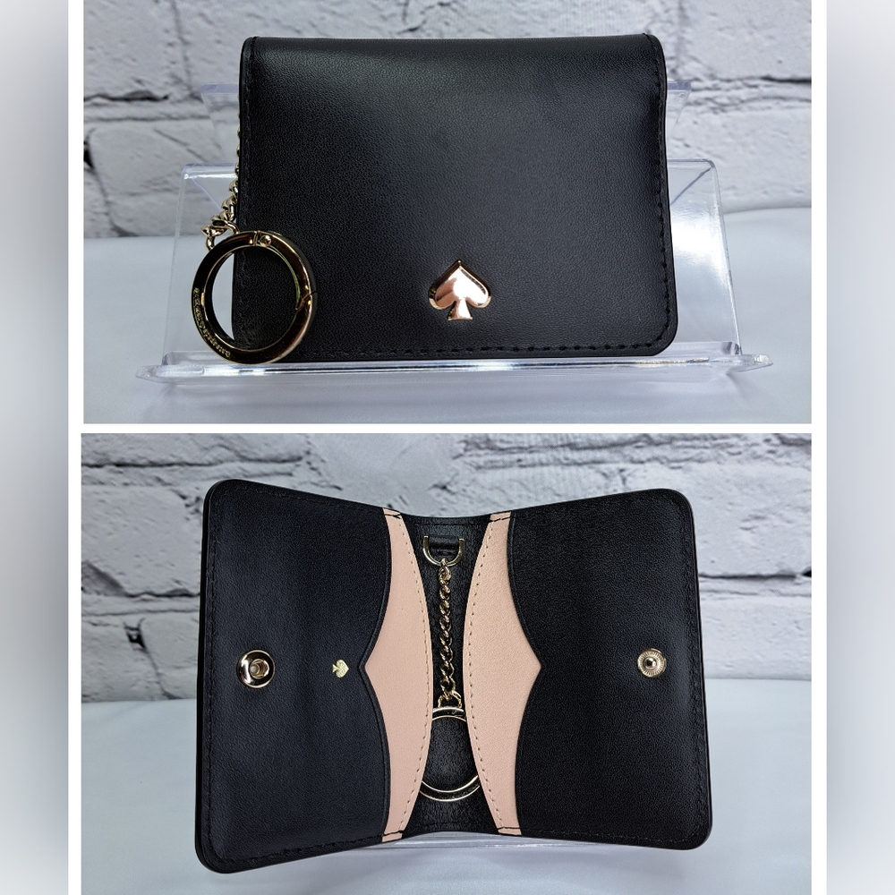 KATE SPADE SIGNATURE LEATHER CARD CASE KEYCHAIN SCALLOPED DETAIL INTERIOR
